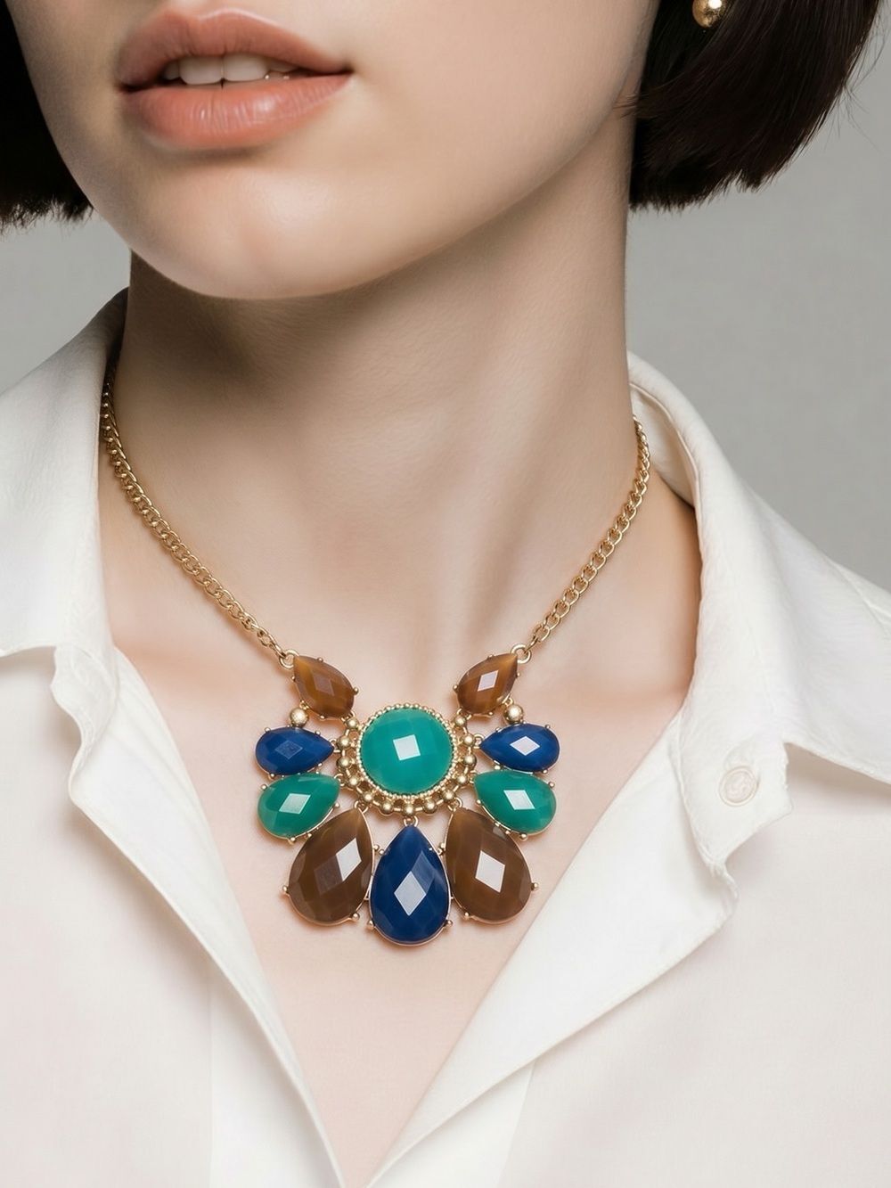 JEWELRY SET Blue, Brown, Green & Gold Necklace/Earring Set NEW